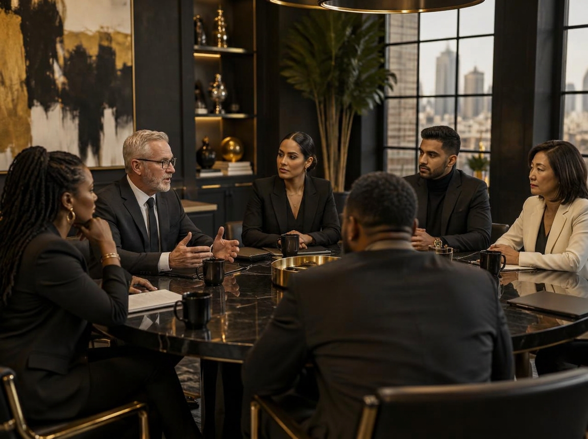 Leaders gathered around a table in a focused leadership conversation